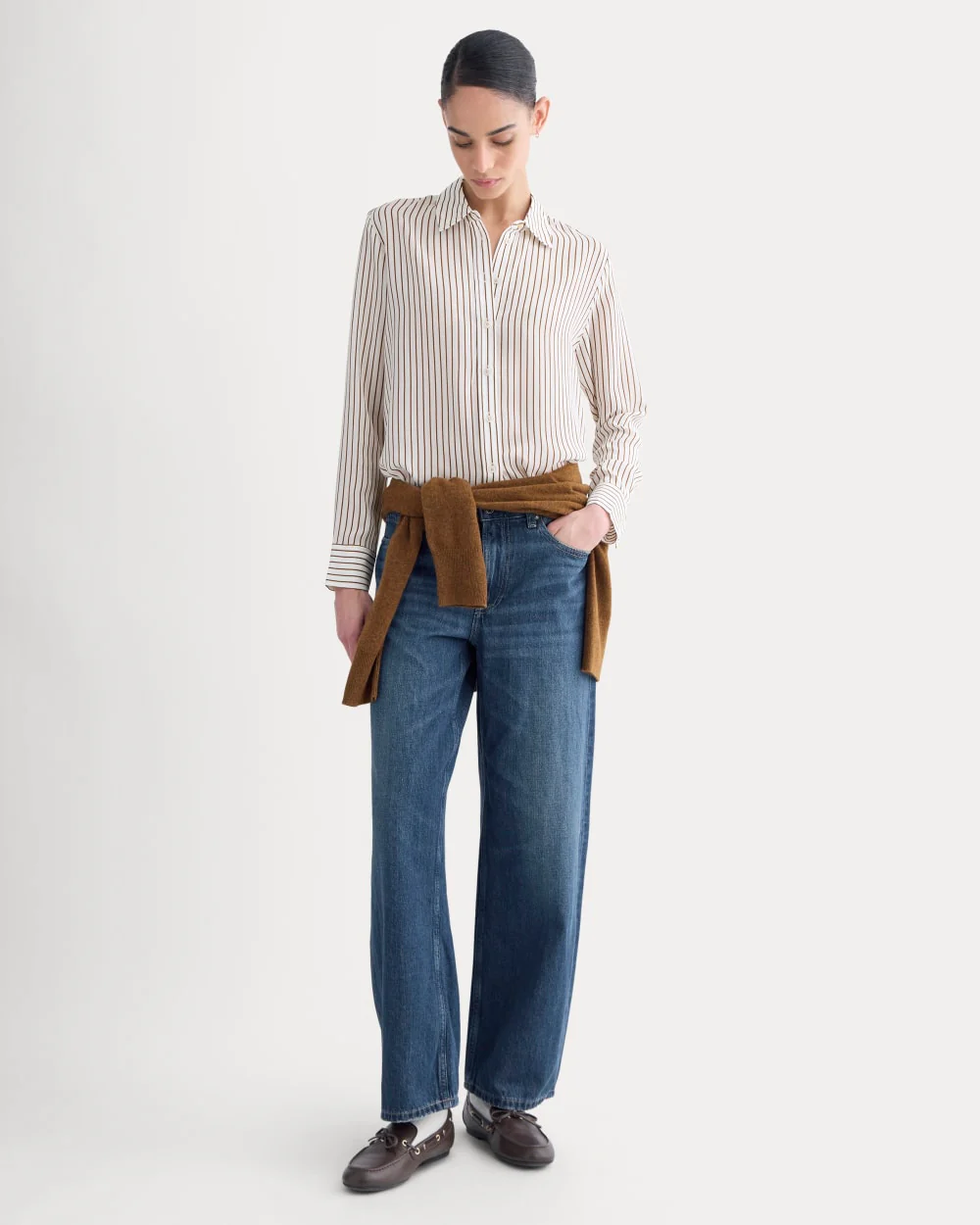 The Must-Have Shirt in Washable Silk | Bone / Toffee Stripe