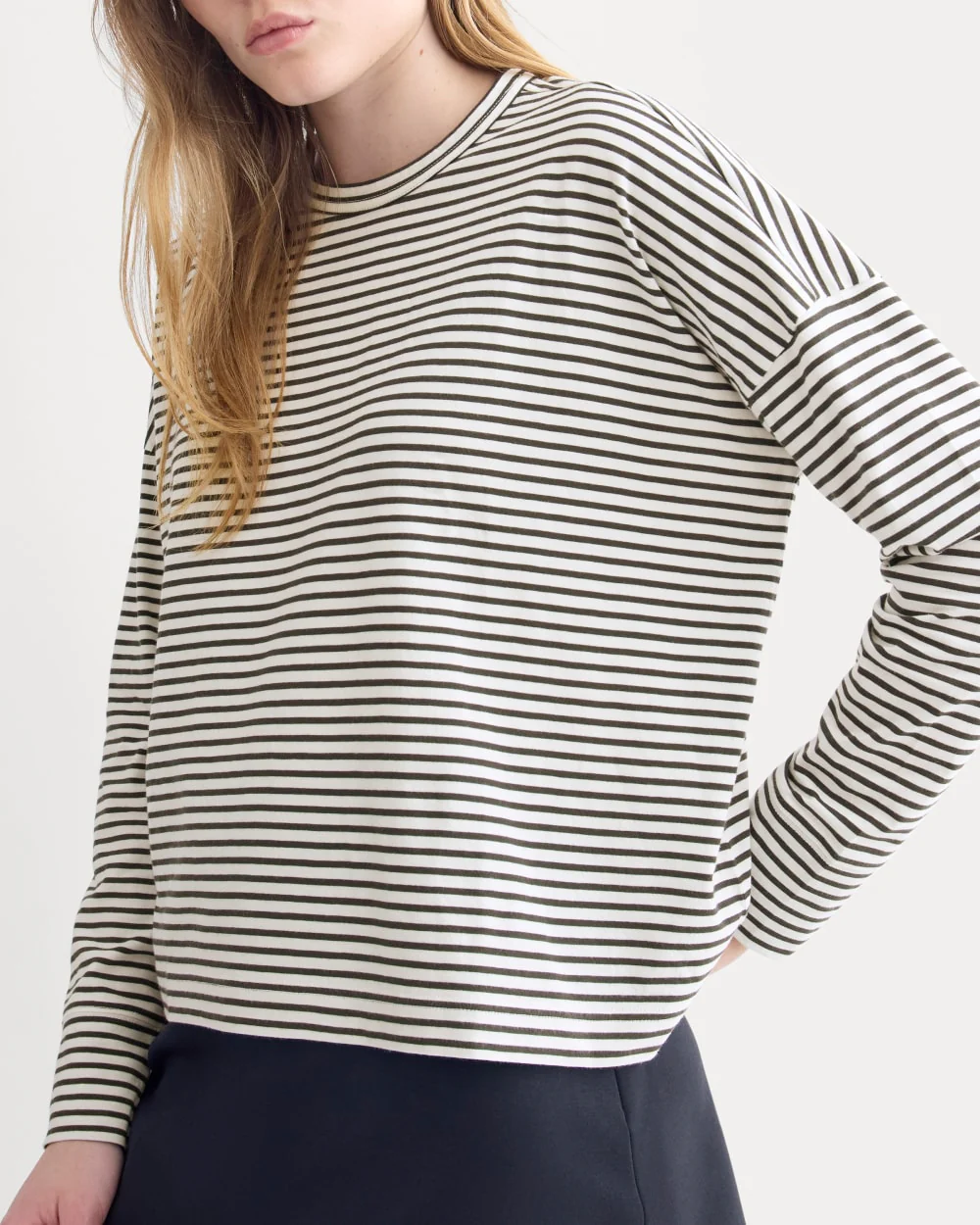 Oversized Boxy Crew in Essential Cotton | Bone / Pirate Black Stripe
